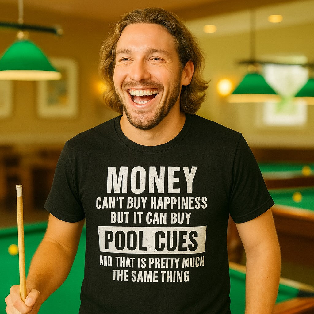 Man wearing a black t-shirt with a humorous pool cue quote, holding a pool cue in a billiards hall.