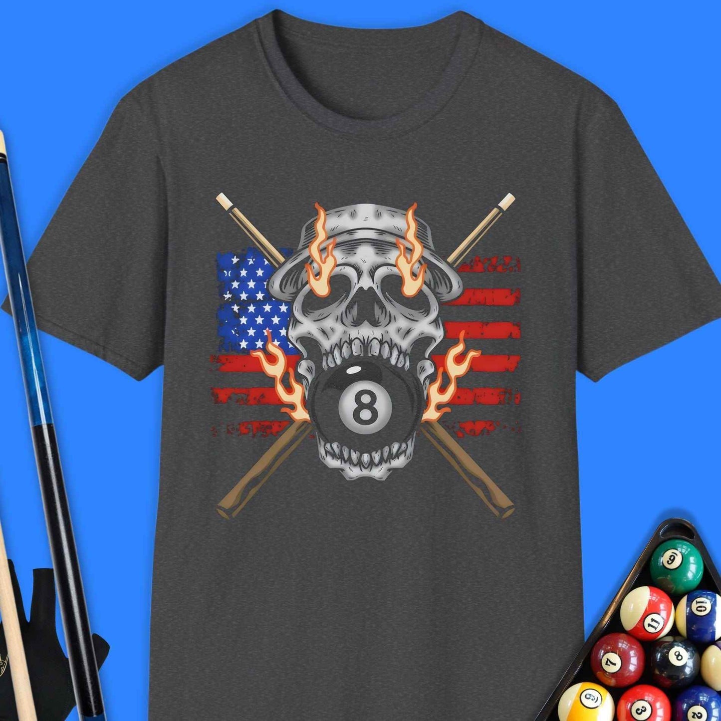Flaming 8-Ball Skull Pool T-Shirt - Rack & Roll 