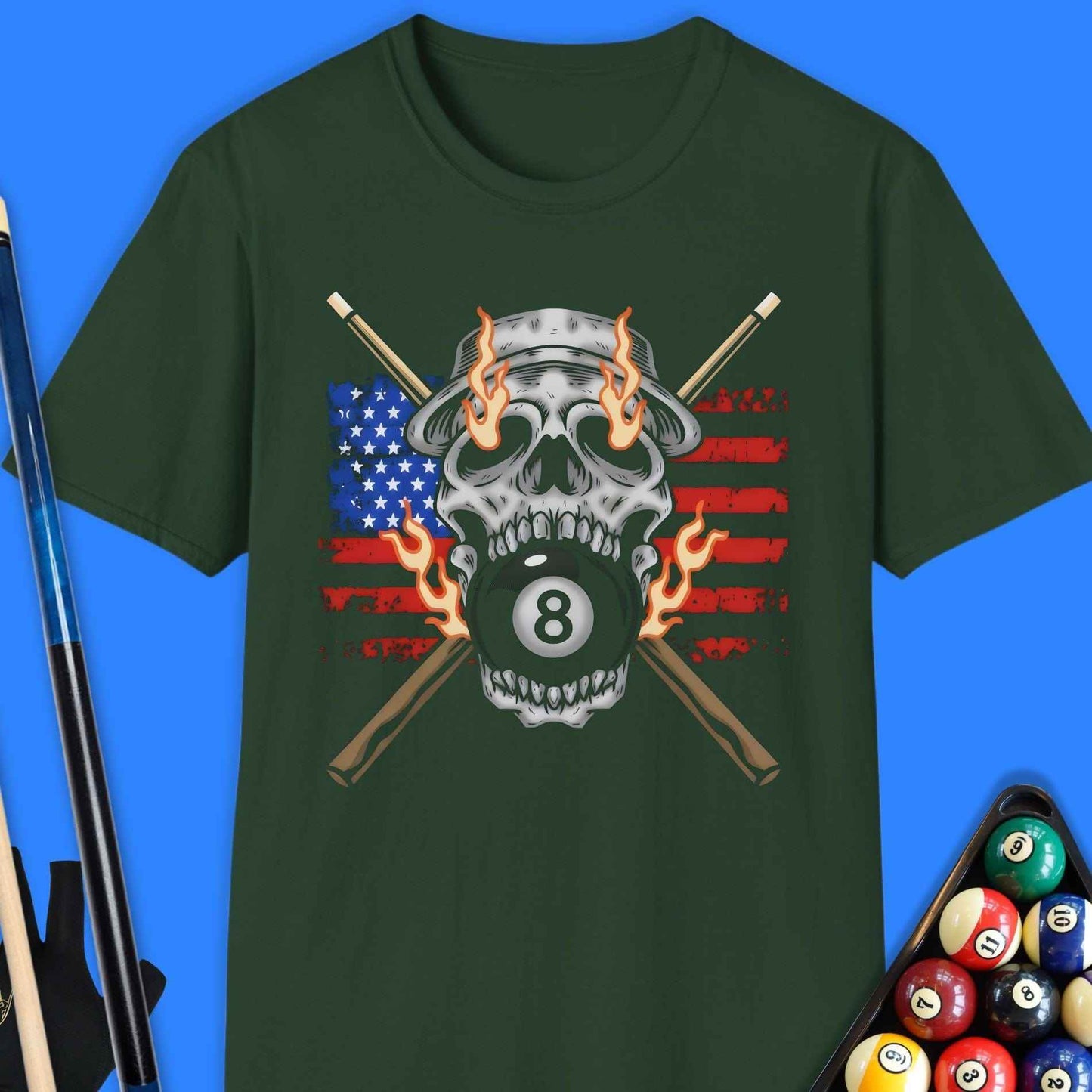 Flaming 8-Ball Skull Pool T-Shirt - Rack & Roll 