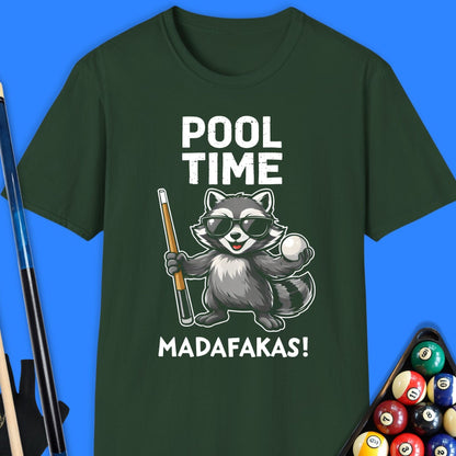 Green t-shirt with a raccoon graphic and text on a blue background
