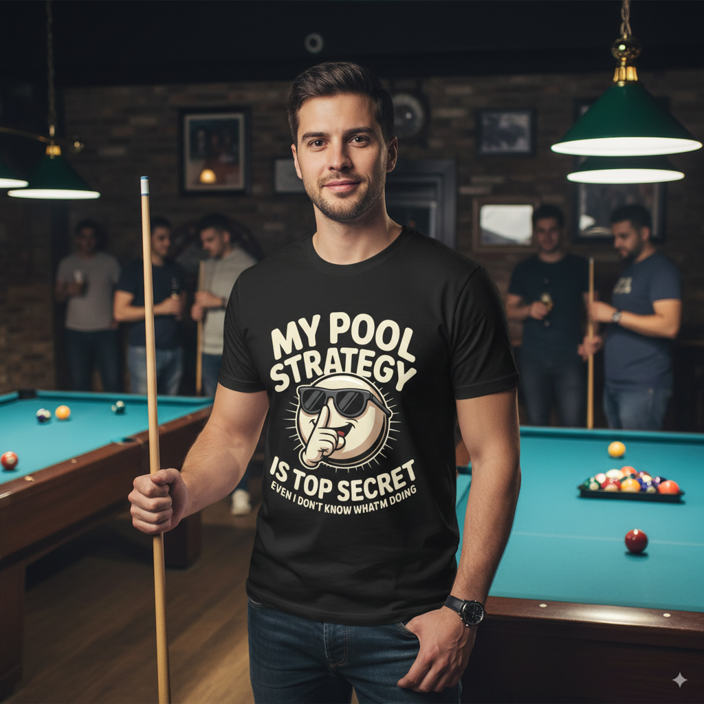 Man wearing a black t-shirt with a pool-themed design in a billiards room.