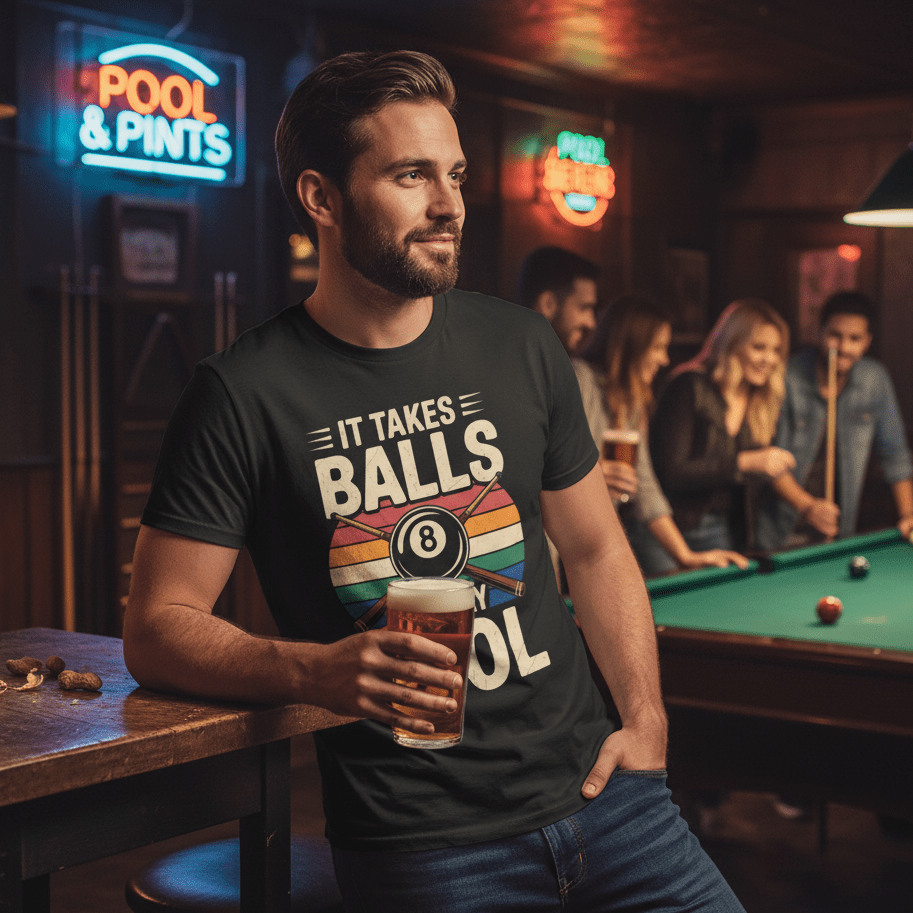 Man in a bar wearing a t-shirt with a colorful design, holding a beer.