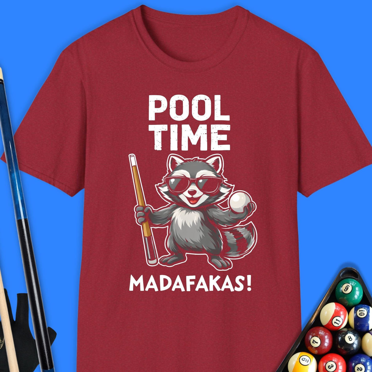 Maroon t-shirt with a raccoon graphic and text on a blue background with pool cues and balls.