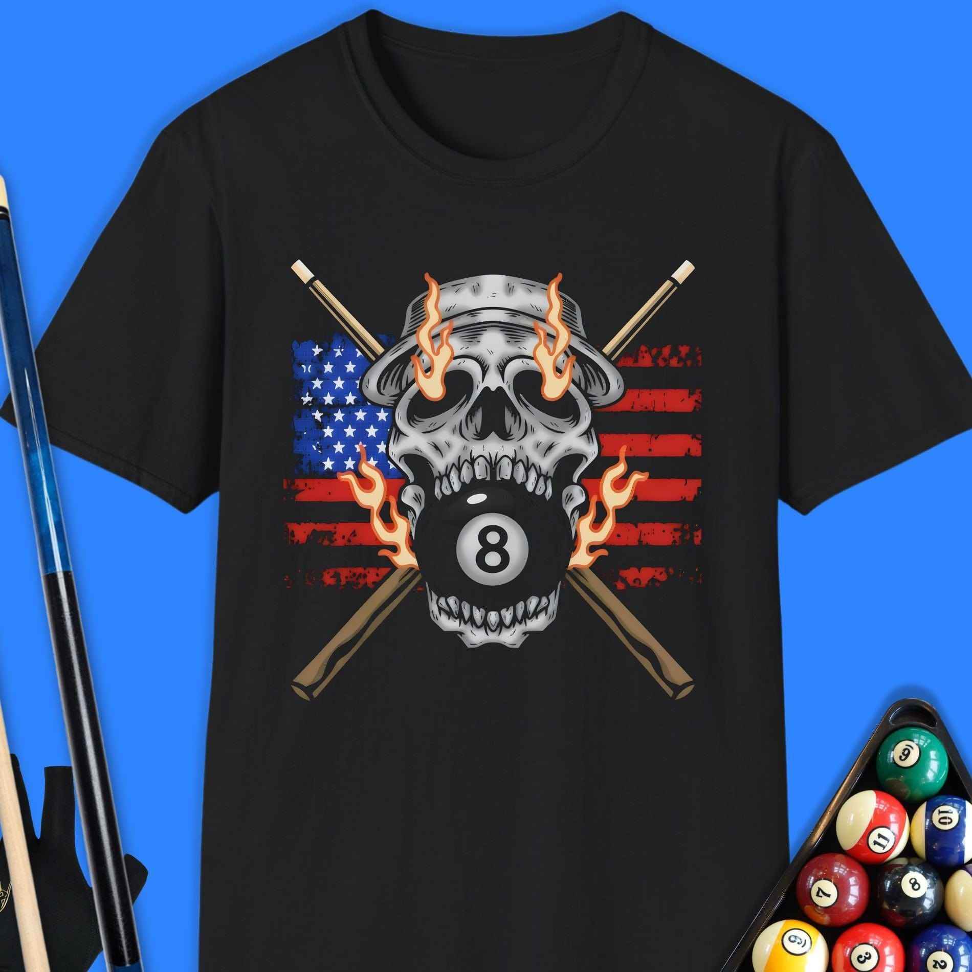 Flaming 8-Ball Skull Pool T-Shirt - Rack & Roll 