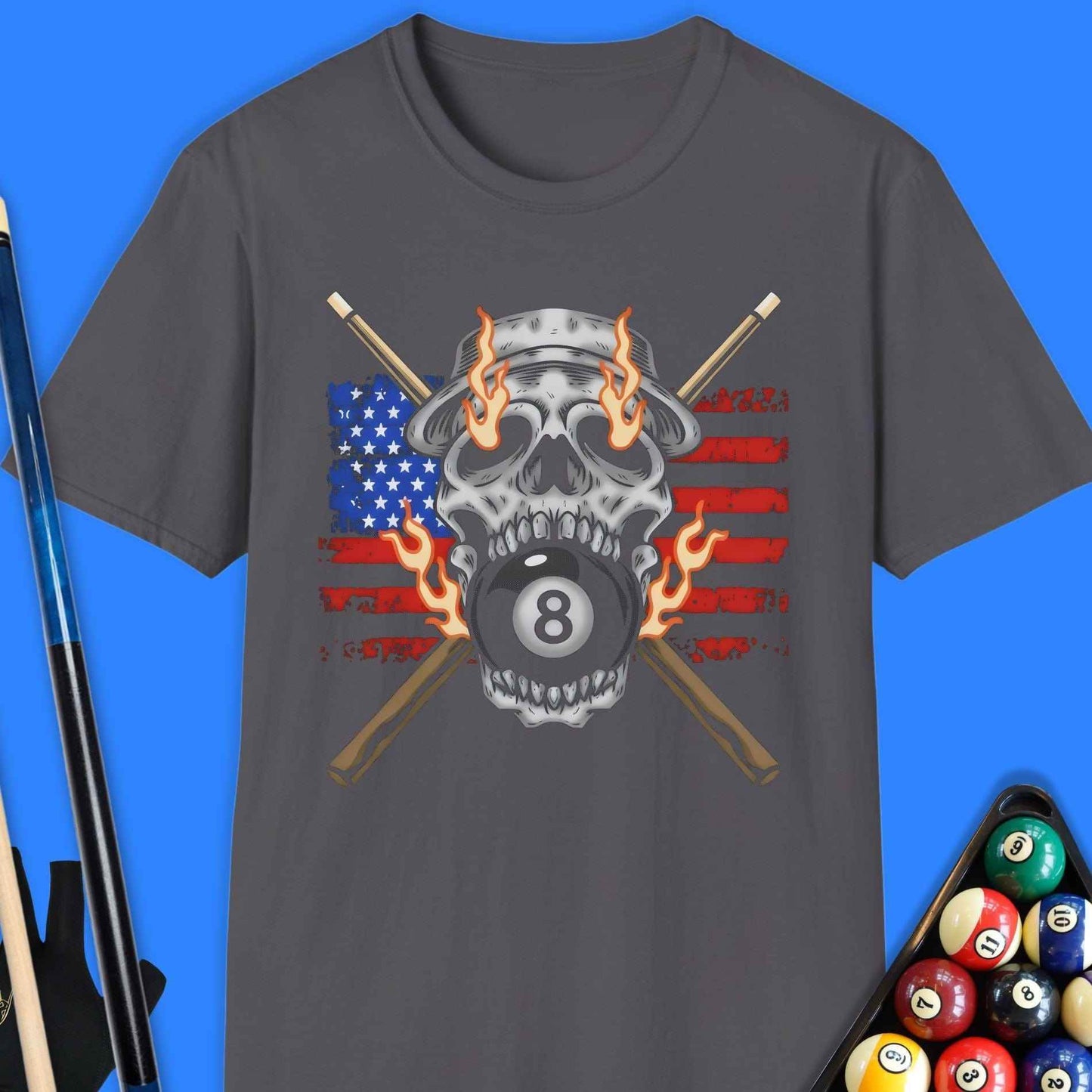 Flaming 8-Ball Skull Pool T-Shirt - Rack & Roll 