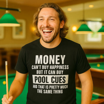 Man wearing a black t-shirt with a humorous pool cue quote, holding a pool cue in a billiards hall.