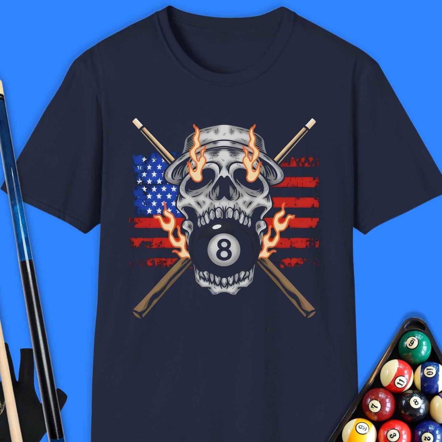Flaming 8-Ball Skull Pool T-Shirt - Rack & Roll 