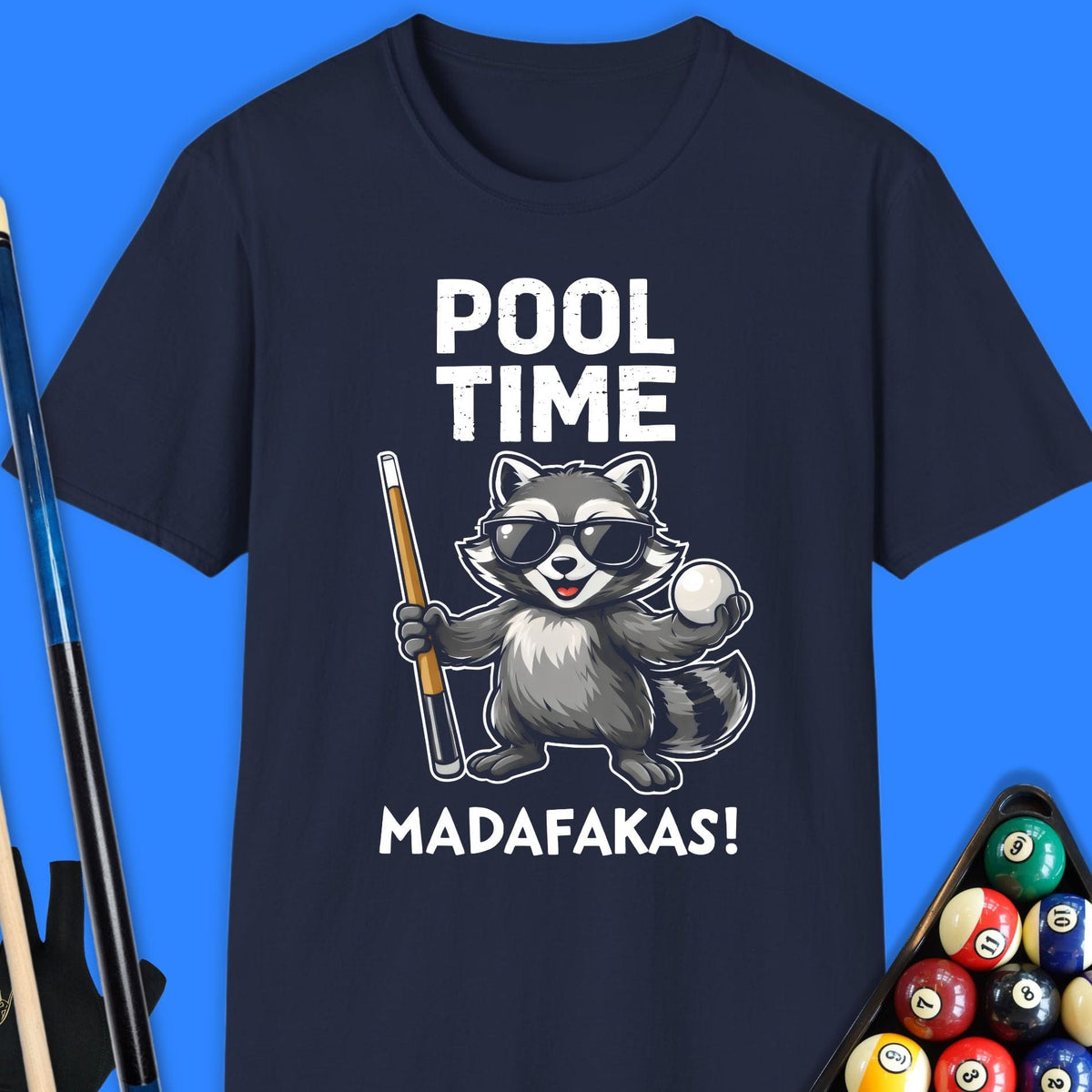 Navy blue t-shirt with a raccoon graphic and text 'POOL TIME MADAFAKAS!' on a blue background.